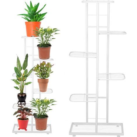 Étagère support pots fleurs 6 rangées – blanche – décoration extérieure jardin intérieur (1/5)