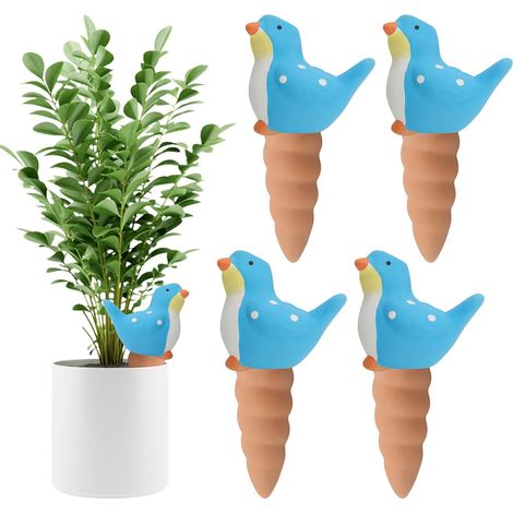 Lot de 4 Cônes d'Arrosage Autonomes en Terre Cuite, Globes Goutteurs Décoratifs pour Plantes - Système d'Arrosage Automatique pour Plantes d'Intérieur et d'Extérieur (Oiseau Bleu) (1/5)