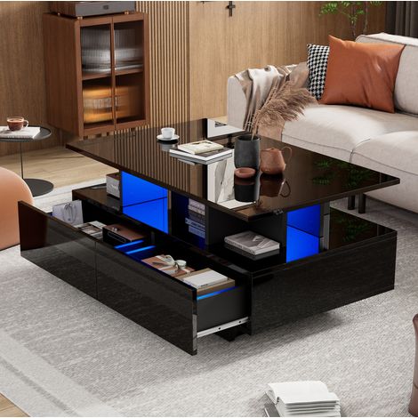 Mesa de centro moderna con LED y 2 cajones, 90 x 55 x 41 cm, negro brillante DESVIAE (1/5)