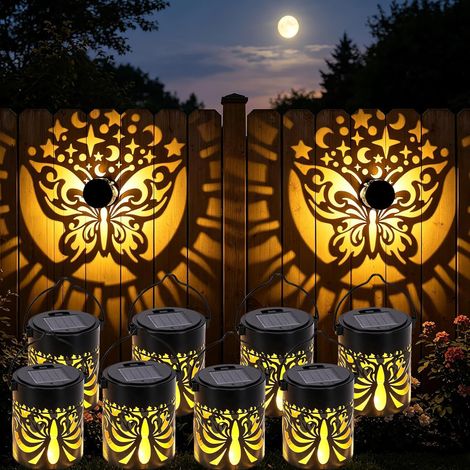 Lot de 8 lampes solaires murales – Projecteur décoratif, IP65 étanche – Métal, motif papillon – Idéal pour pelouse, jardin et clôture – Lumière chaude (1/5)