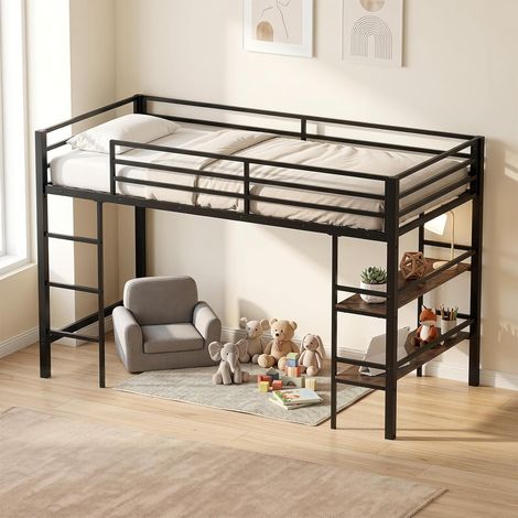 COSTWAY Lit Mezzanine 90 x 190 cm, Lit Enfant avec 2 Étagères, Marron (1/5)