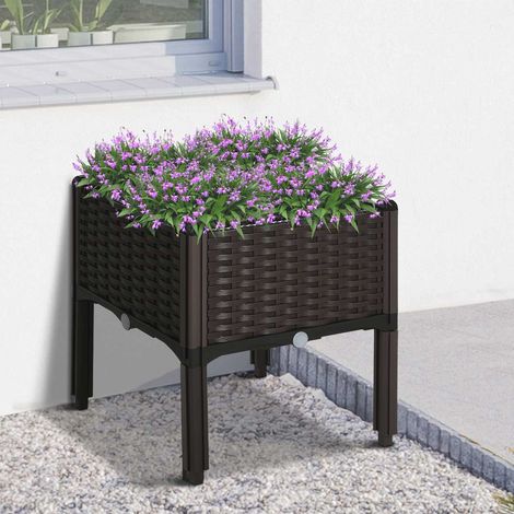 Jardinière surélevée avec trous de drainage, bac à fleurs aspect rotin, plastique, marron, 40 x 40 x 44 cm (1/4)