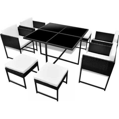 Table carrée et 4 chaises de jardin résine tressée noir coussins blanc Chaz (1/5)