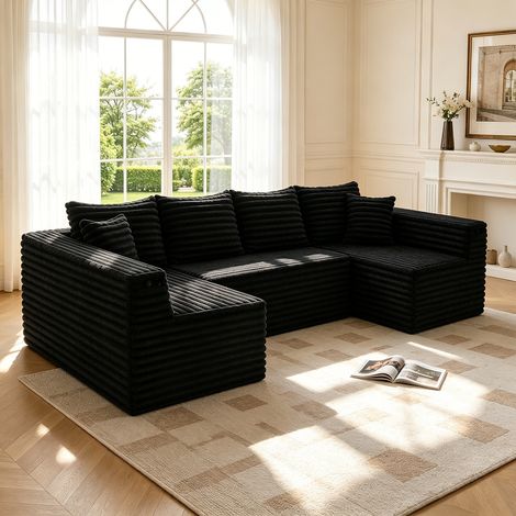 Canapé modulable d'angle en U avec porte gobelets et poche latérale,canapé ergonomique 6 Places,à ressort,canapés a compression,velour côtelé,Noir (1/5)
