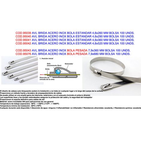 Bola estándar de acero inoxidable AVL Brida 4,6x260 mm bolsa de 100 unidades