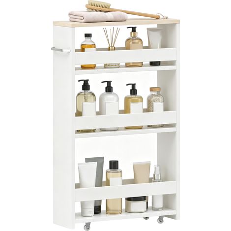 Chariot de rangement pour salle de bain avec 3 étagères et roulettes pour espaces étroits 50 x 13 x 67,5 cm Blanc (1/5)