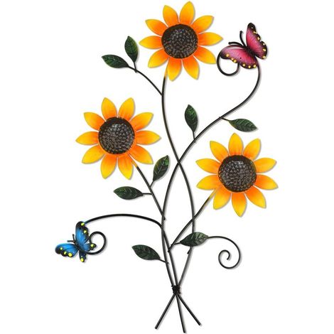 Décoration murale en métal représentant un tournesol et des papillons, idéale pour décorer un jardin, un salon, une chambre ou une terrasse.