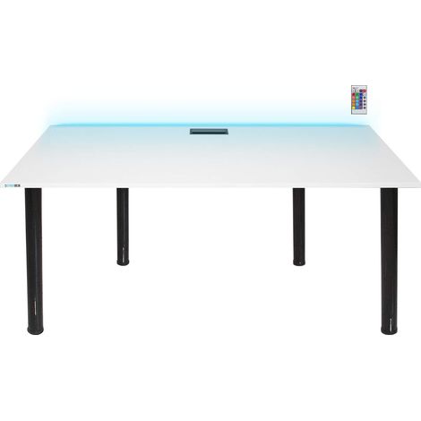 Bureau gamer blanc 134 x 62 cm – Passe-câbles en aluminium – Pieds réglables – Bande LED 16 couleurs – Pour joueurs PC – Syberdesk (1/4)