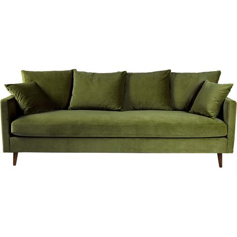 Canapé convertible 4 places en velours pieds bois foncé - Vert olive - VILLABON (1/5)