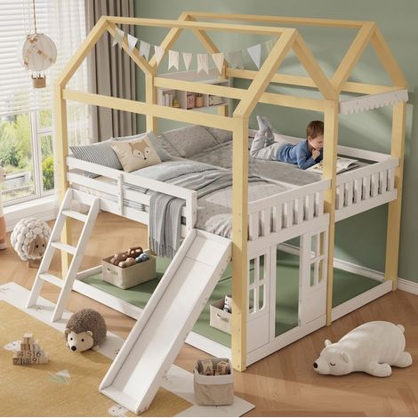 Cama infantil semialta 90x200 cm con tobogán y escalera reversibles, blanco y madera natural (1/5)