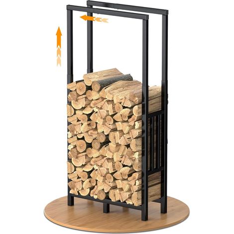 Étagère à bûches d’intérieur réglable en hauteur et en longueur, rangement pour bois de chauffage adapté à une utilisation extérieure, support en métal avec tapis antidérapant pour cheminée (1/5)