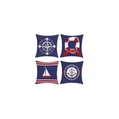 Lot de 4 housses de coussin nautiques, motifs ancre, boussole et voilier, bleu et rouge, 45x45 cm, pour canapé, lits, chaises, voiture, salon. (1/4)