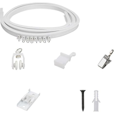 Filiyano – Kit de rail de rideau flexible de 5 mètres pour fixation au plafond et au mur, avec roulettes et clips métalliques (1/5)
