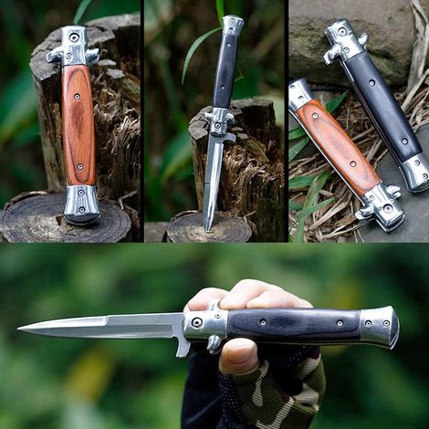 Couteau Pliant - Lame Acier Inoxydable 8,5 cm - Poignée Bois Naturel - Pour Chasse Camping Survie Plein Air - 1 Pièce