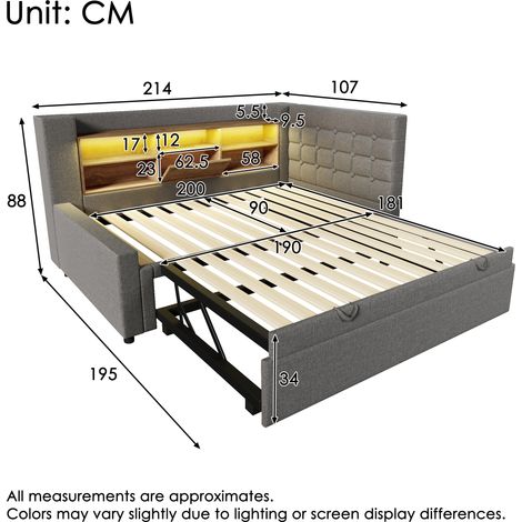 Lit rembourré 90x200 cm avec lit gigogne 90x190 cm et éclairage LED, lit coffre, tête de lit en forme de L avec espace de rangement, montage possible des deux côtés, sommier à lattes, lin, gris (sans (1/4)