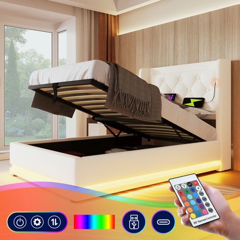 Lit simple rembourré 90200 cm, matériau PU blanc, lit coffre hydraulique, tête de lit rembourrée avec fonction de chargement USB Type-C, fonction LED 3 côtés (sans matelas) (1/5)