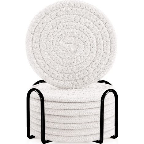 Set di sottobicchieri rotondi bianchi in cotone stile bohémien per la tavola, cuscino isolante spesso, sottobicchiere rotondo (con supporto), 8 pezzi (1/5)