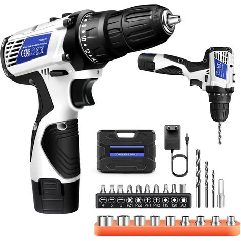 Mini perceuse électrique sans fil avec batterie 1500mAh 16.8v, set de tournevis sans fil blanc pour bois métal plastique, 2 vitesses, perceuse portative 45n.m 18+1 couple, kit de 26 forets