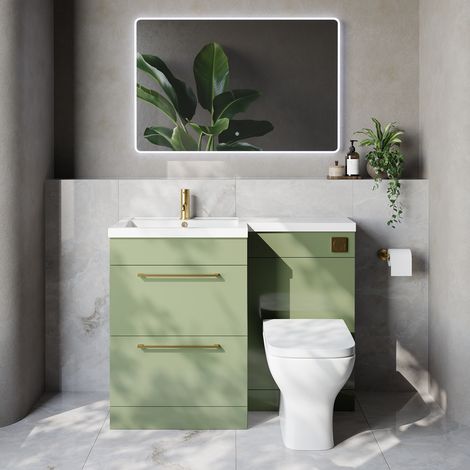 Napoli 460 Olive Green 1100mm 2 Drawer Vanity Unit Toilet Suite with Left Hand Square Lucia Basin - 1100mm - Brushed Brass 320mm HandleWith Kingston Toilet Pan and Seat
