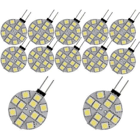 Lot de 12 lampes LED G4 à culot latéral, rondes, 5050, 12 SMD, blanches, pour camping-car ou liseuse. (1/5)
