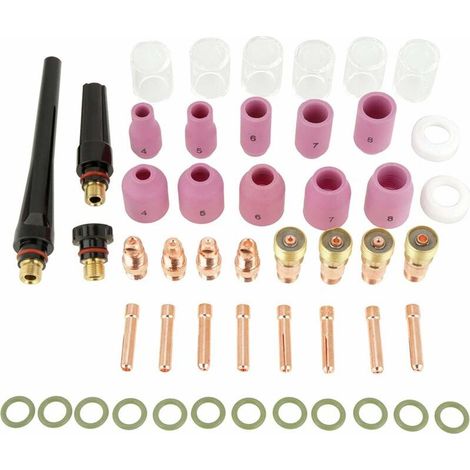 Kit de soldadura TIG de 49 piezas: Lente de gas de cobre, boquillas de alúmina, copas, collares, accesorios de soldadura TIG para pistola de soldadura TIG (1/5)