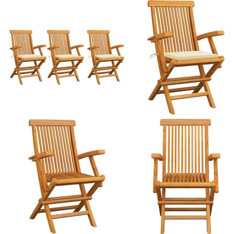 Chaises de jardin avec coussins crème lot de 3 Bois teck massif - Chaise De Jardin - Fauteuil De Jardin - Mobilier De Jardin - Meubles De Jardin - Set De Chaises De Jardin - Home & Living (1/5)