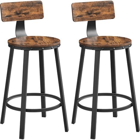 Vasagle – Tabourets de bar avec dossier – Hauteur d'assise 62,5 cm – Lot de 2 – Cadre en acier noir – Style industriel marron rustique