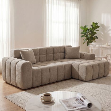 Divano angolare da 250 cm, componibile, divano a L a 3 posti con chaise longue, in velluto a coste color kaki. (1/5)