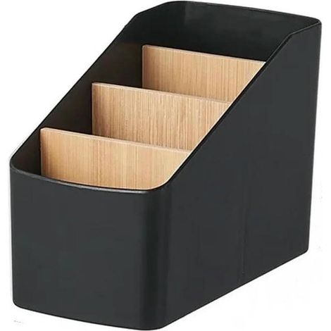 Organizador de escritorio con 4 compartimentos extraíbles para guardar control remoto de TV, bolígrafos y notas adhesivas, color negro.