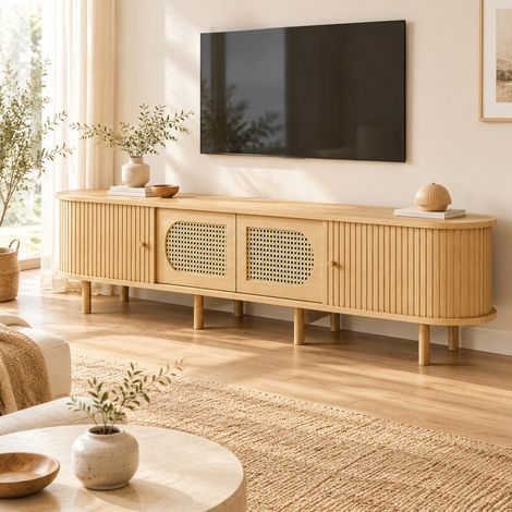 Mueble TV con almacenaje 180x40x40 cm en MDF natural efecto ratán, hasta 75 pulgadas - CHICFURN (1/5)