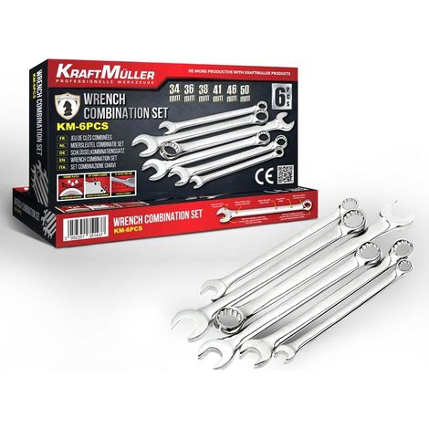 Jeu de clés mixtes fabriquées à partir d'acier Chrome-Vanadium 34-36-38-41-46-50mm, sous sacoche (1/3)