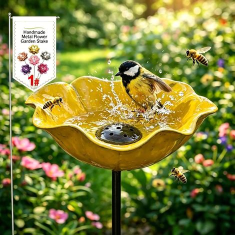 Fuglebad i metall med blomster, håndlagde hagespyd, vinterbestandige fuglebad og insektvann, hage- og terrassefuglebad 1 stk gul 15 cm Giallo (1/5)
