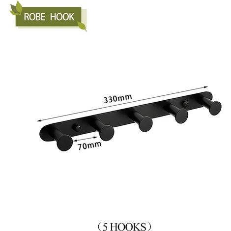 Porte-serviettes mural en acier inoxydable noir mat (5 crochets) avec barre porte-serviettes, porte-savon, porte-papier toilette et crochets pour peignoirs et serviettes. Accessoires de salle de bain. (1/5)