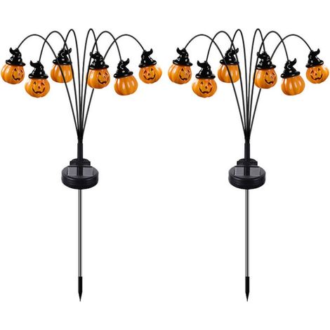 2PCS Guirlandes lumineuses d'Halloween d'extérieur, 2025, nouveau modèle à LED solaire, chapeau de sorcière, lanterne citrouille orange décorative et effrayante pour jardin, allée,ardin, fête (orange) (1/4)