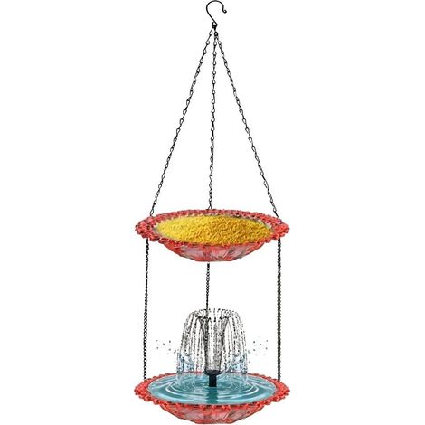 Mangeoire à oiseaux en métal et plastique à énergie solaire Rose 25 cm Lampe à énergie solaire, alimentation double couche, bain d'eau intégré, 25 cm de diamètre, mélange de métal et de plastique (1/5)