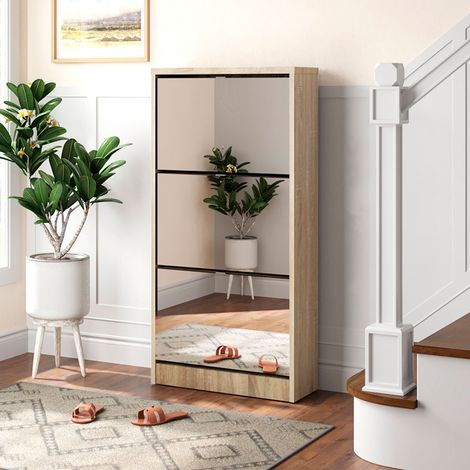 Meuble à chaussures 3 abattants avec miroirs 60x123 cm effet chêne (1/5)