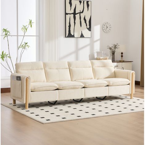 Divano modulare a U 4 posti in chenille beige con 2 pouf contenitore e gambe in legno (1/5)