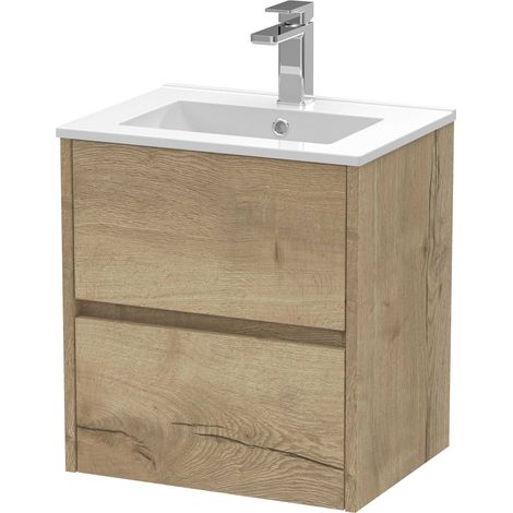 Nuie Havana Autumn Oak Woodgrain 500mm Wall Hung 2 Drawer Vanity Unit and Minimalist Ceramic Basin - HAV802B (1/4)