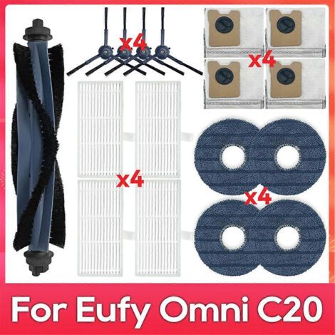 Pièces détachées pour aspirateur robot Eufy Omni C20 : brosse principale, filtre, lingette de nettoyage, sac à poussière, accessoires.