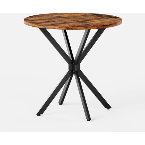 Table à manger ronde style industriel Ø80 cm avec pieds en X en acier noir et plateau bois vintage (1/5)