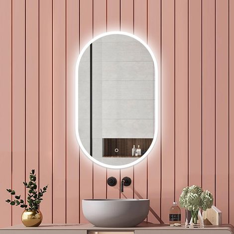 Aica Miroir salle de bain Ovale Lumineux 45x80cm Tricolore + Dimmable + Mémoire + Anti-Buée, CE IP44