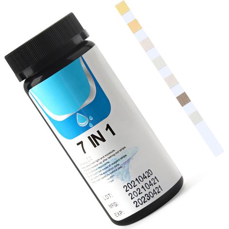 Bandelettes de test pH 7 en 1 : alcalinité totale, nitrites, chlore libre, chlore total, dureté totale, teneur en brome papier test acide et basique pour l’analyse de l’eau (1/5)
