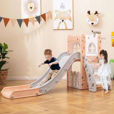 GOPLUS 6 en 1 Toboggan Interieur Enfants avec Panier de Basketball, Télescope, Espaces de Cachette et Rangement, Aire de Jeux Intérieur Exterieur Idéal pour Tout-Petits 1-3 Ans (Rose) (1/5)