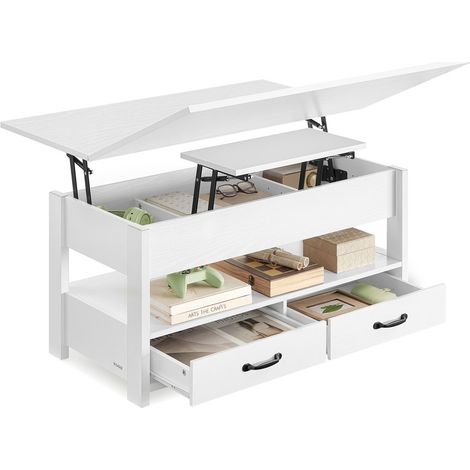 Vasagle – Table basse relevable blanche – Vérin à gaz – 2 tiroirs et 3 compartiments – Plateau modulable pour salon et bureau