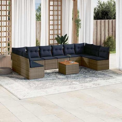 Salon de jardin - 3256131 - Résine tressée gris - Table acacia - 10 places modulable (1/5)