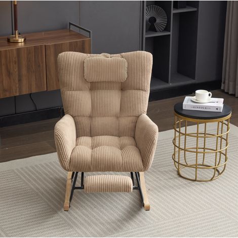 Sedia a dondolo in velluto a coste marrone 102 x 65 x 92 cm, schienale alto, poggiapiedi estraibile e cuscino cervicale (1/5)