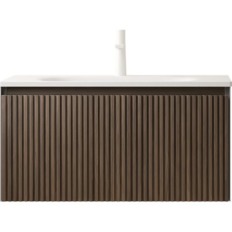 Hängendes Badmöbel 80 cm mit Keramikwaschbecken, Schublade, braune Eiche, vormontiert (1/5)