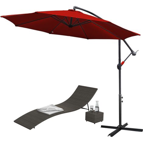 Parasol 300 cm rouge - avec manivelle & support - protection UV hydrofuge pliable - Parasol de plage marché (1/5)