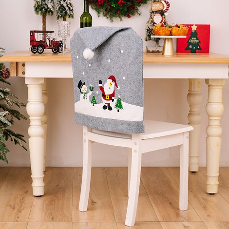Décorations de Noël, housses de chaises grises imprimées, housses de chaises non tissées avec motif vieil homme et bonhomme de neige, housses de chaises de salle à manger avec chapeau de Noël, housses