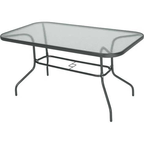 Table de jardin avec trou pour parasol, mobilier d'extérieur en métal et verre 140 x 80 x 70 cm, gris (1/5)